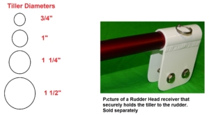 Showing the different tiller diameters that we sell with a Rudder Head receiver to attach the tiller to the rudder.