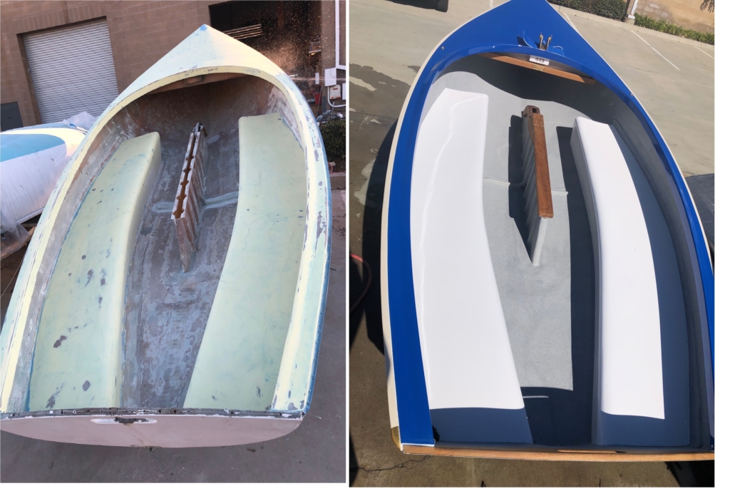 Lido 14 sail boat restoration. Paint, fiberglass, anodizing, all new teak, woodworking